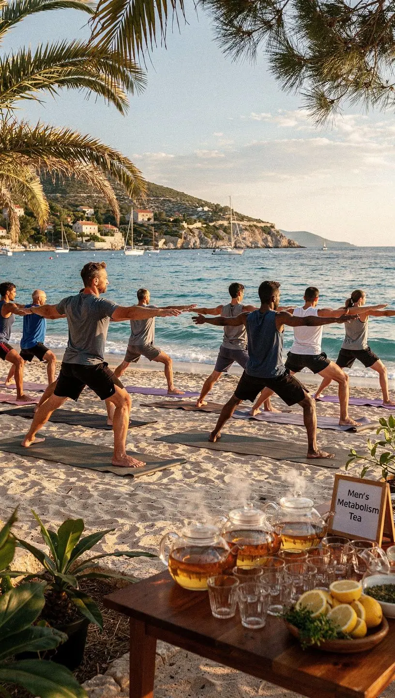 Čajna šalice s vrućim napitkom od muškaraca koji uživaju u zdravlju.