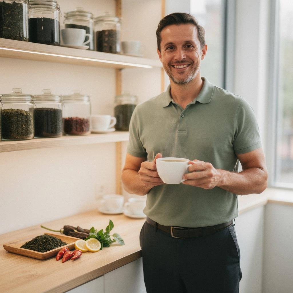 Prikaz različitih pakiranja muškog čaja za metabolizam na policama.